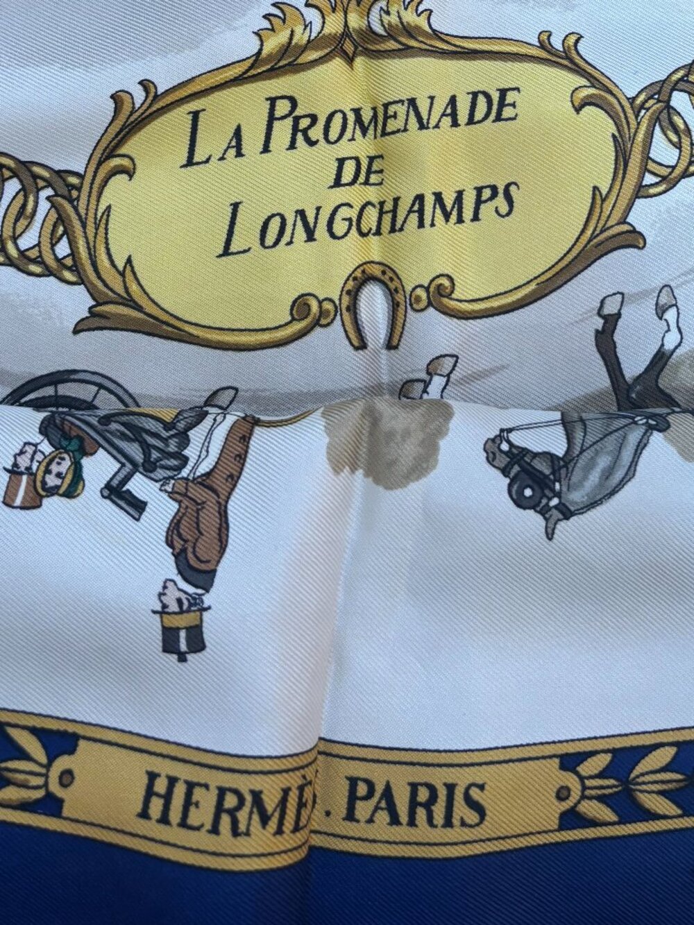 Authentic HERMES Carre 90 Scarf "LA PROMENADE DE LONGCHAMPS" Silk Blue - Picture 2 of 8
